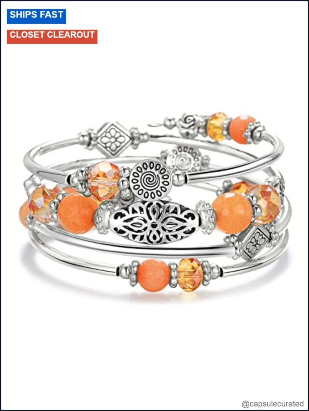 Stackable Beaded Wrap Bracelet - Silver Plated Layered Bohemian Bracelet